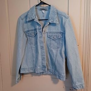 Christine Alexander vintage denim jacket Swarovski rhinestones light blue medium